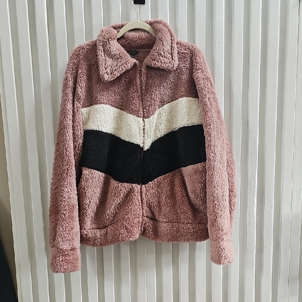 Lemite Pink Fleece Sweater With Black and Cream Stripes Size 3XL Women's